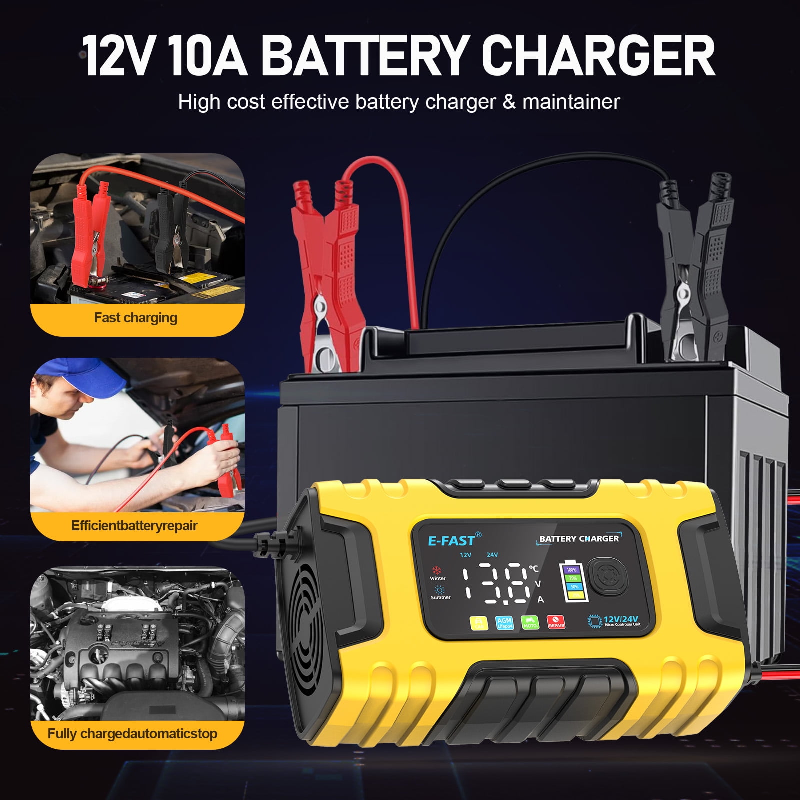 12V 10A 24V 5A Smart Automatic Maintainer Trickle Charger, 7 Stage Lead Acid AGM LiFePO4 Battery Charger for Cars Motorcycles Boats,Yellow