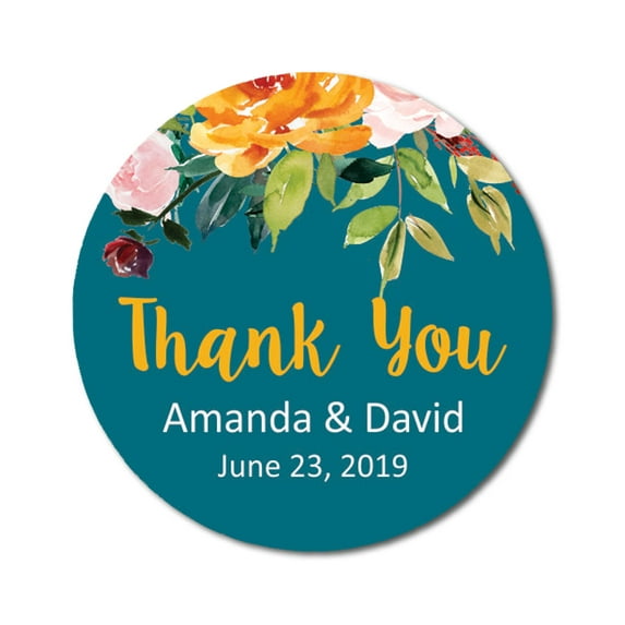 Darling Souvenir Round 45 Pieces Rose Floral Thank You Stickers Personalized Bride Groom Names And Date Envelope Seals-Teal Blue