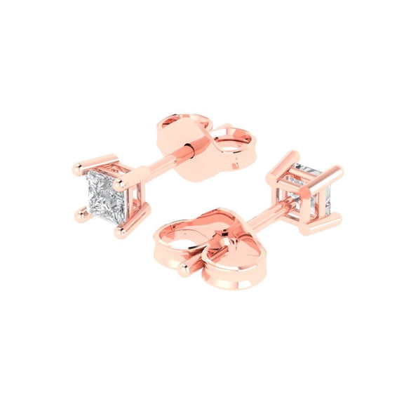 0.5 Ct Princess Cut Studs Clear Moissanite 18K Rose Solid Solid Gold Everyday Dainty Earrings Push Back