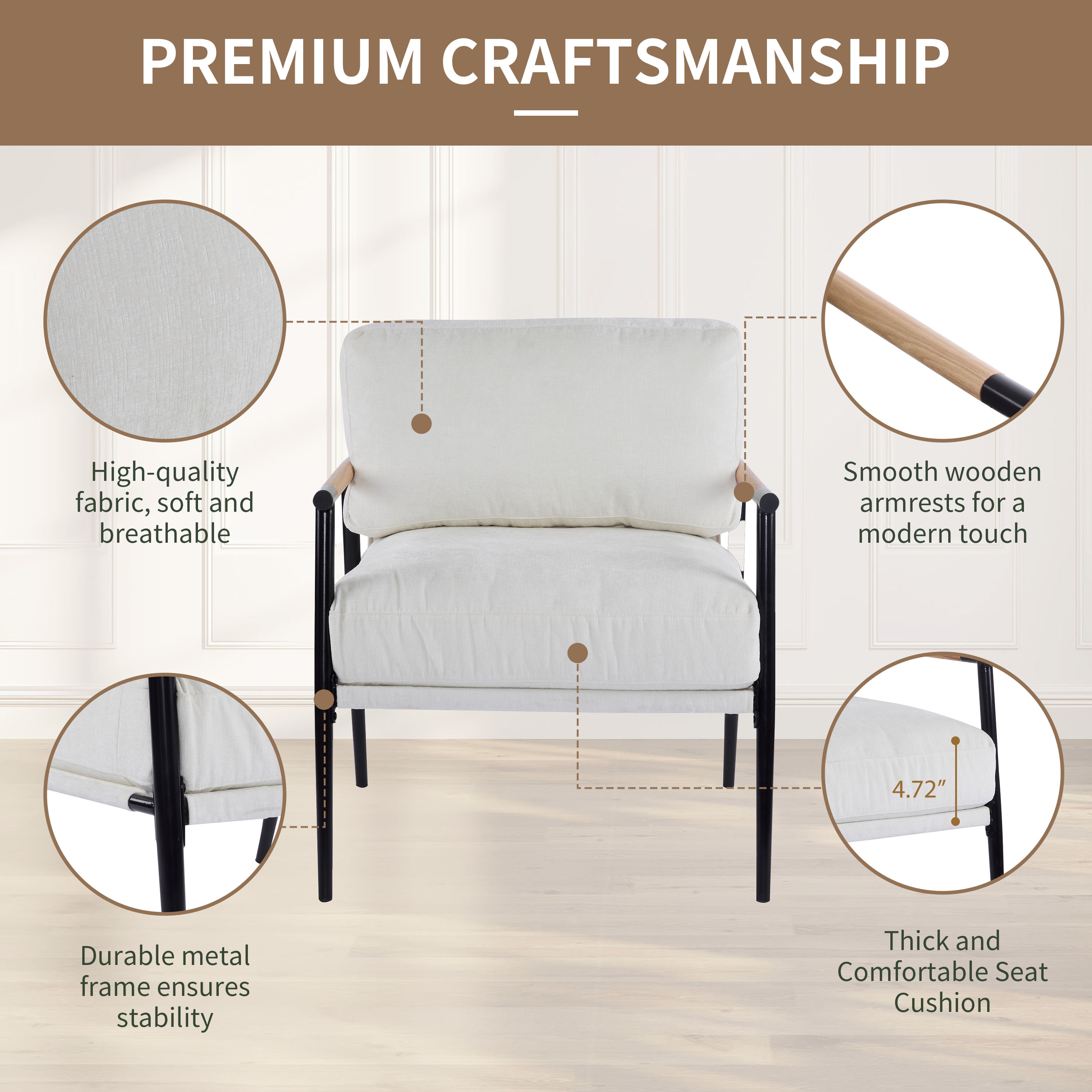 EUROCO 26"W Modern Accent Chair,Upholstered Modern Lounge Arm Chair with Plush Cushions, Minimalist Metal Frame and Wooden Armrest Design,Reading Leisure Chair for Living Room,Waiting Room,White