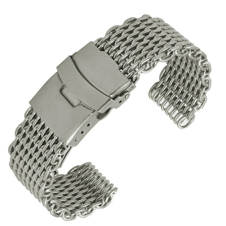 22mm Shark Mesh Stainless Steel Watch Band Strap Folding Clasp Watchband  (Long Pattern Silver) 