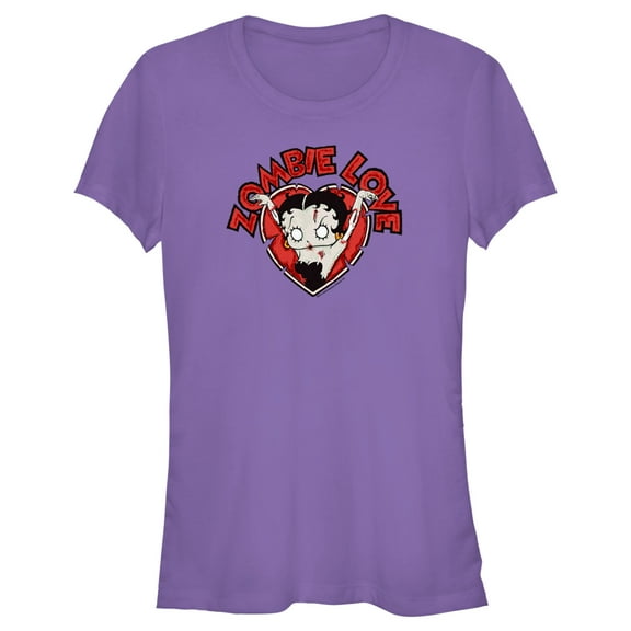 Junior's Betty Boop Halloween Zombie Love Heart  Graphic Tee Purple Large