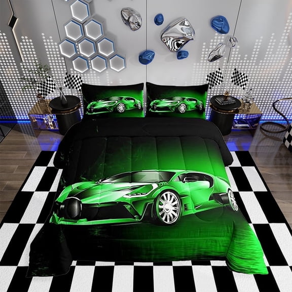 Sports Car Comforter Green Race Car Comforter Set Extreme Sports Theme Bedding Set Cool Speed Luxury Car Decor Quilt Set with Bedding