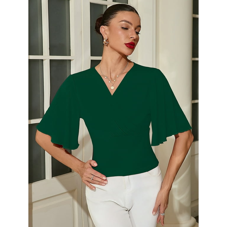 Chiclily Womens 3 4 Sleeve Wrap Blouse Green XL V Neck Dressy Casual Top Ruched T Shirts