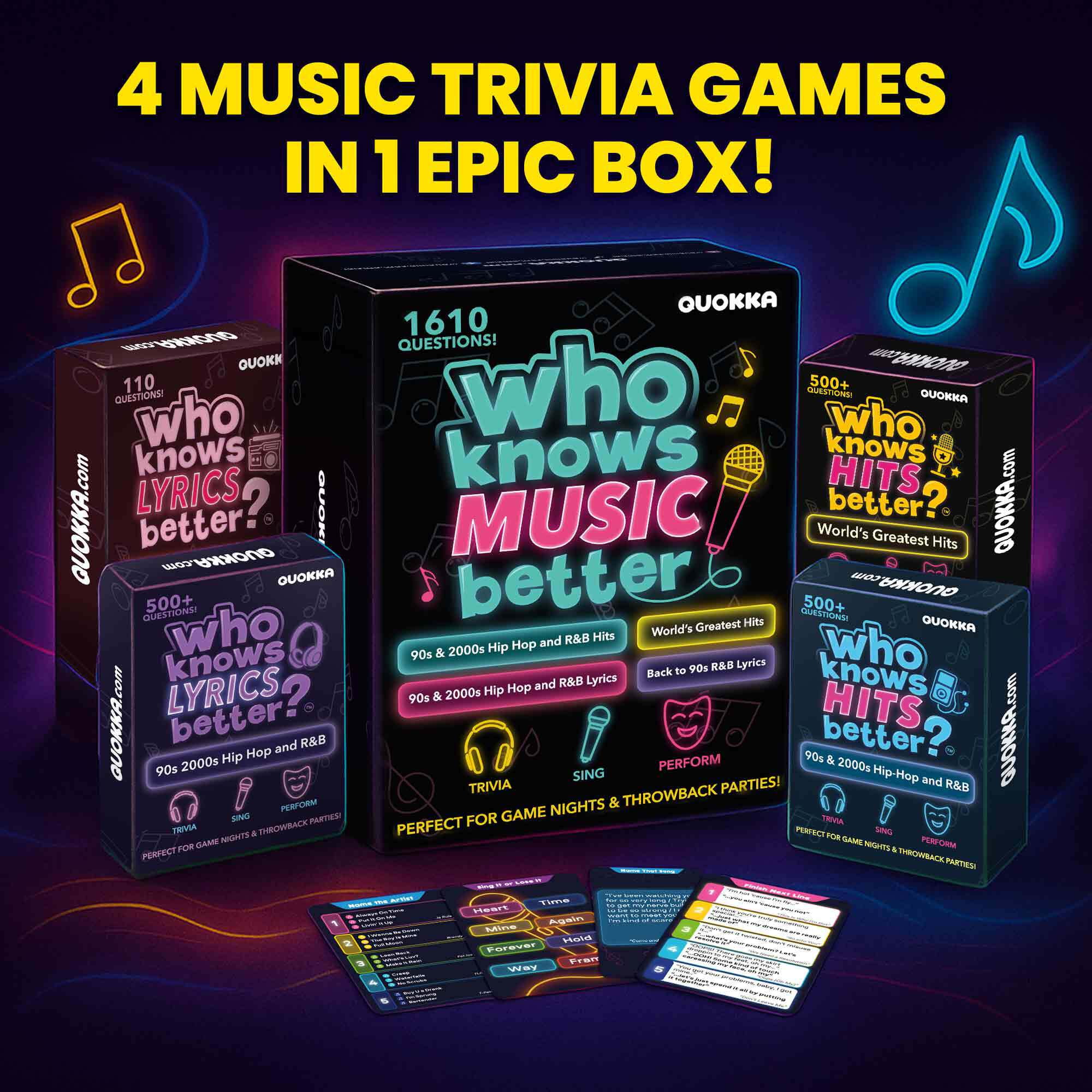QUOKKA Card Game for Adults - Who Knows Music Better? Card Games - 4 Pack Ultimate Music Game Box