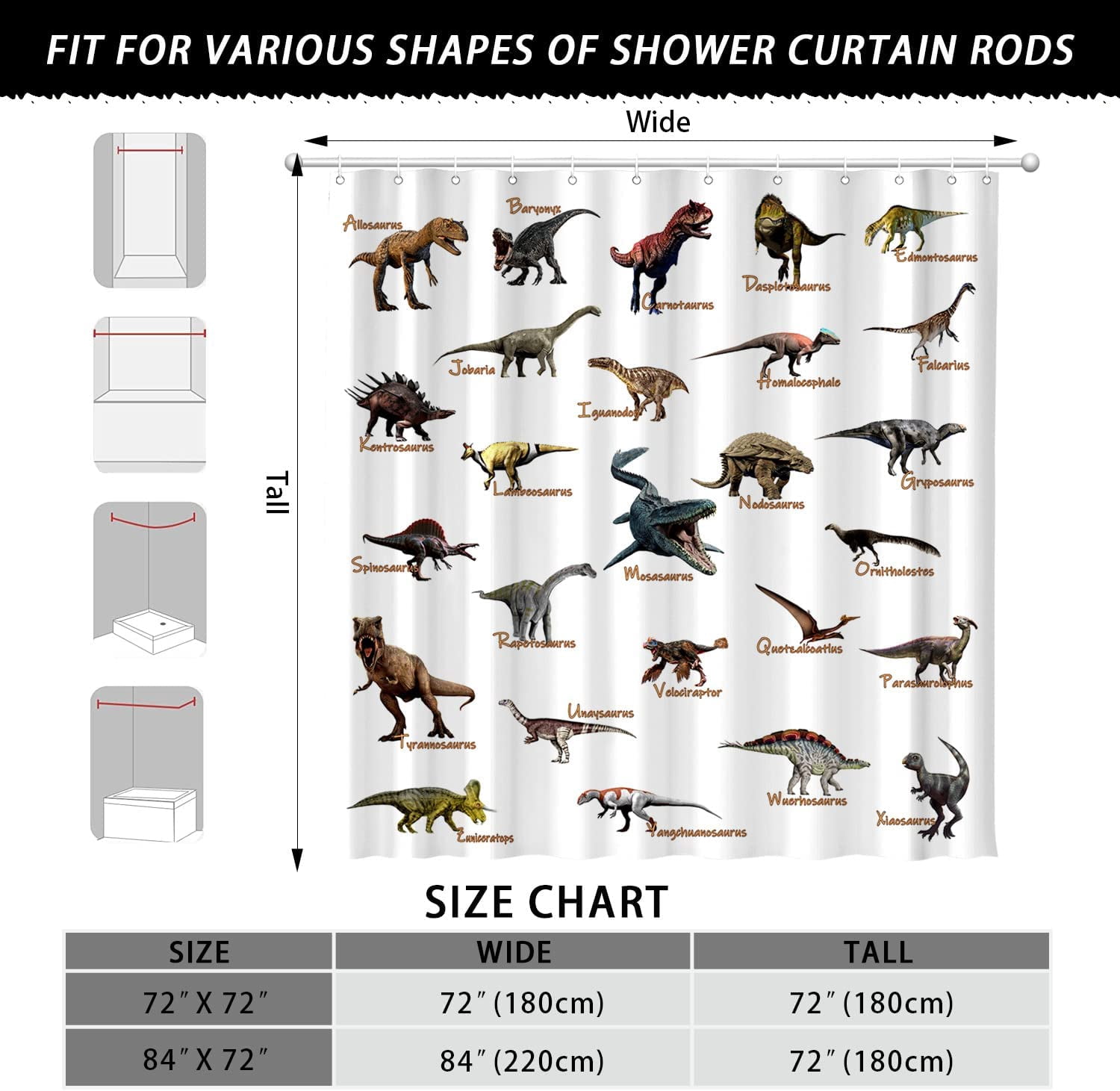 Kids Dinosaur Shower Curtain for Bathroom - Funny Jurassic Dino World Park Shower Curtain Sets Bathtub Decor with 12 Hooks Washable Durable Polyester Fabric 72"x72"