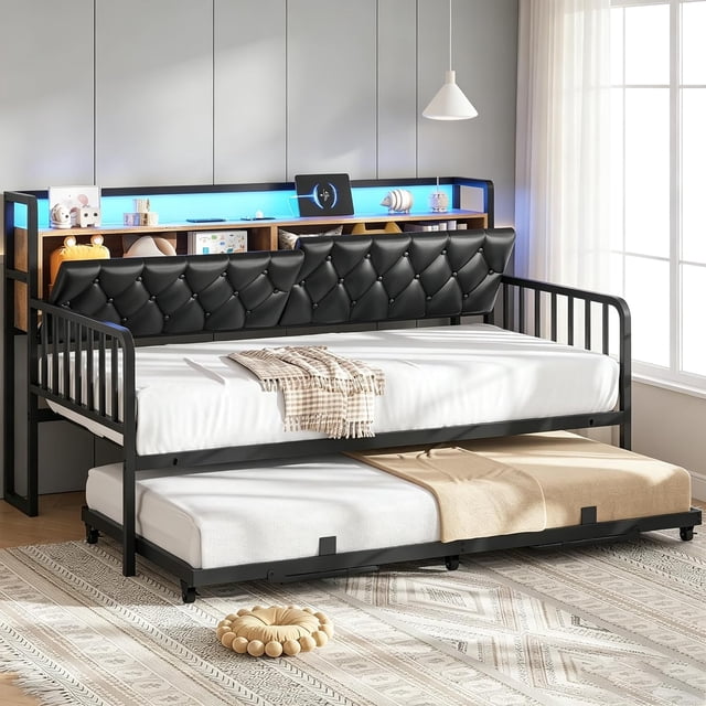 Sofá Cama con Nido y Cabecera con Almacenamiento, Convertible de Individual a King Size,Tapizado con Estación de Carga y Luces LED, Ideal para Sala o Dormitorio, 196 x 112.5 x 107 cm (Negro)