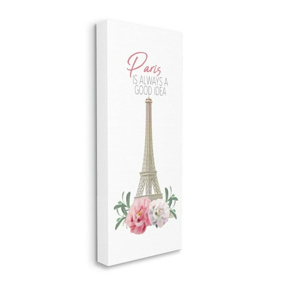 Stupell Industries Paris Good Idea Phrase Eiffel Tower Pink Flowers European Landmark Canvas Wall Art Design by Kim Allen, 17" x 40"