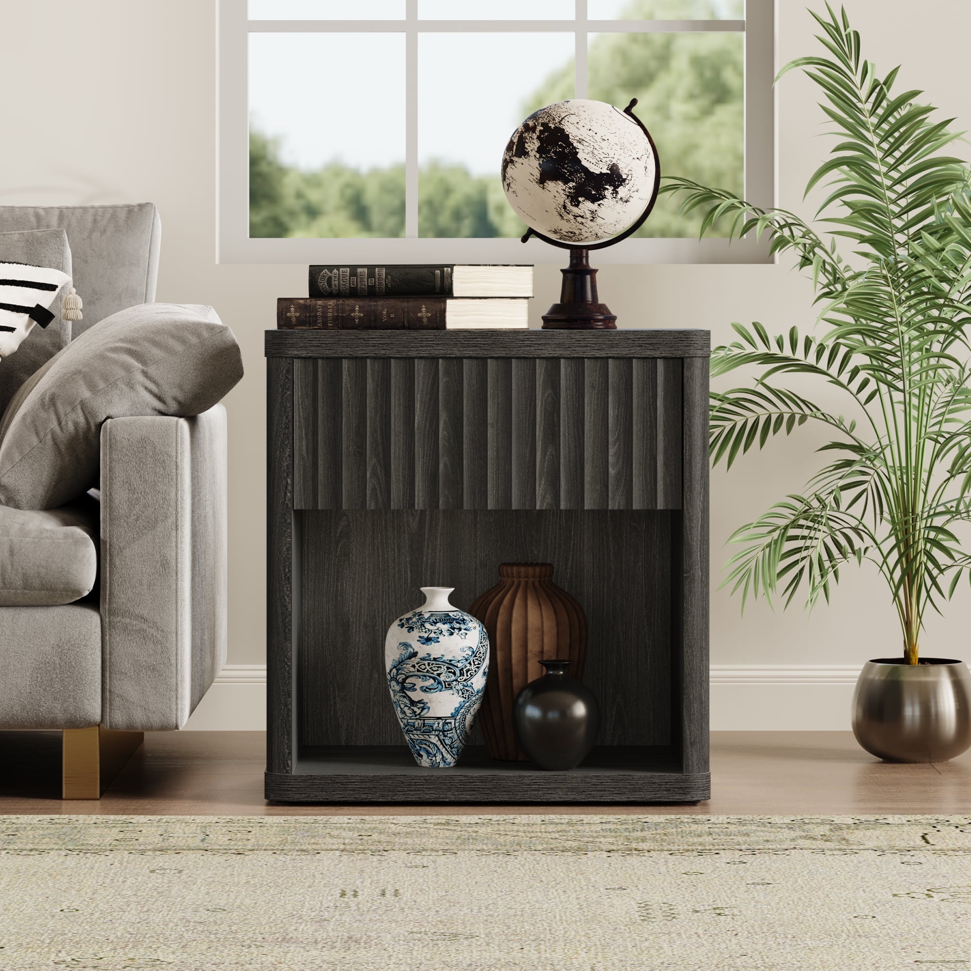 SICOTAS Fluted Nightstands for Bedroom, Farmhouse Bedside Tables with Drawer & Open Shelf,  Wood End Table for Living Room in Black