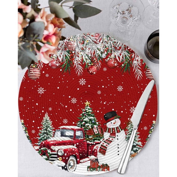 13 Inch Round Placemats Set of 4, Red Christmas Non Slip Heat Insulation PP Table Mats, Snowman Xmas Truck Balls Tree Washable Place Mats for Kitchen Dining Party Table Decor