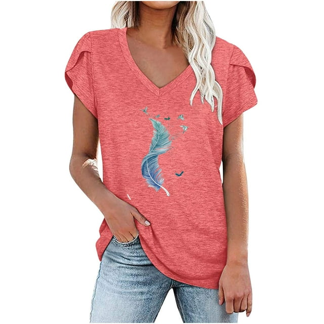 Blusa informal con estampado de manga corta y cuello en V de verano para mujer con estilo OAVQHLG3B Store lin121212