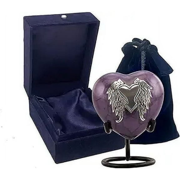Immortal Memories Handicrafted Customize Heart Shape-AngelWings Brass Finish Cremation Urn for Human Ashes | Urn Set for Ashes|Size-Keepsake (Purple)