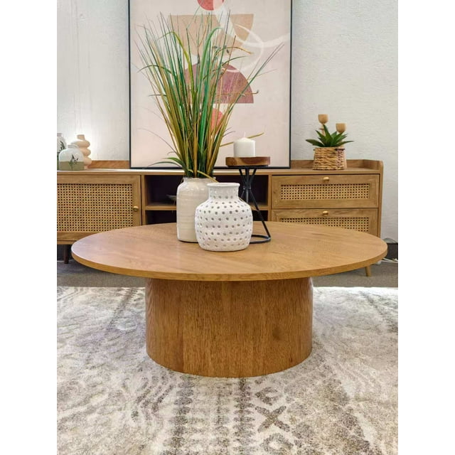 KOSSMAI Table Basse Ronde Moderne 39,37” avec Base à Piédestal, Table Centrale Profil Bas pour Salon, Chêne