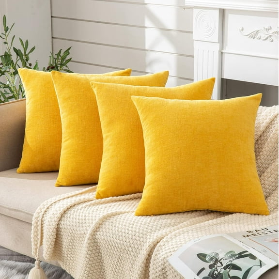 Decorative Square Throw Pillow Covers 18"x18" Inch Set of 4, Super Soft Chenille Pillows Cover Fall Pillowcase for Living Room Bedroom Sofa Couch Cushion Cover Mustard Yellow 45x45cm Gold Yellow