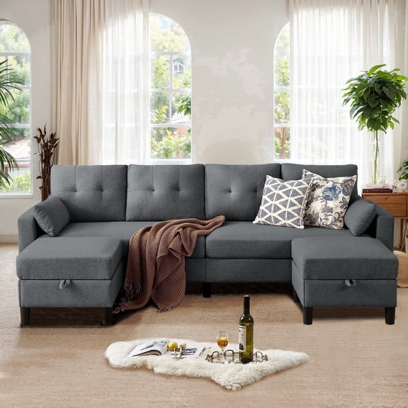 Pingliang Home Sectional Sofa Couch with 2 Ottomans,U Shaped 4 Seater Sofa Couch with Storage Ottomans and Side Pockets, Oversized Modern Linen Sofa Couch for Living Room Apartment Apt Office Studio