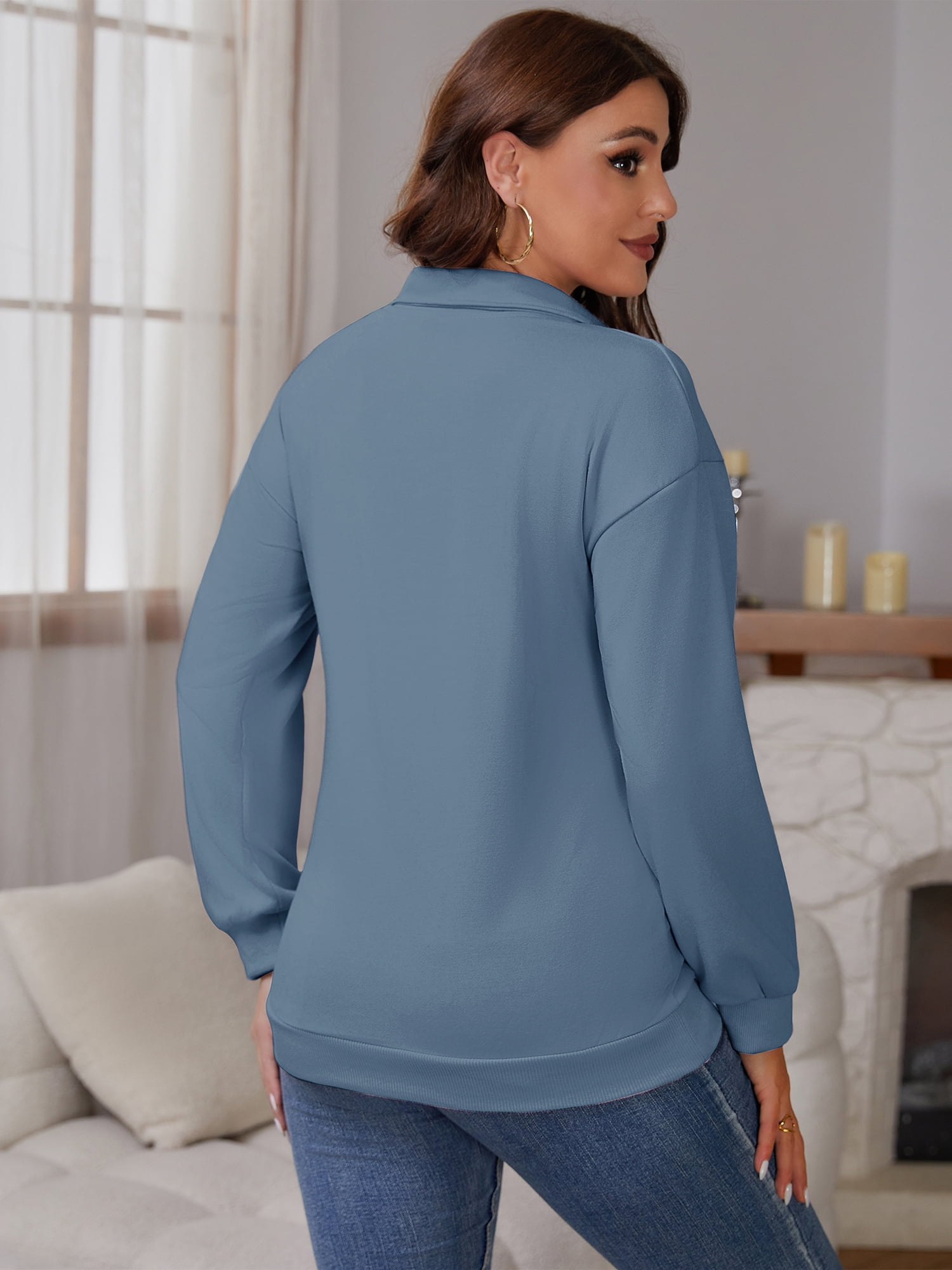 DARING DIVA Women's Nursing Hidden Zipper Long Sleeve Polo Shirt M Blue