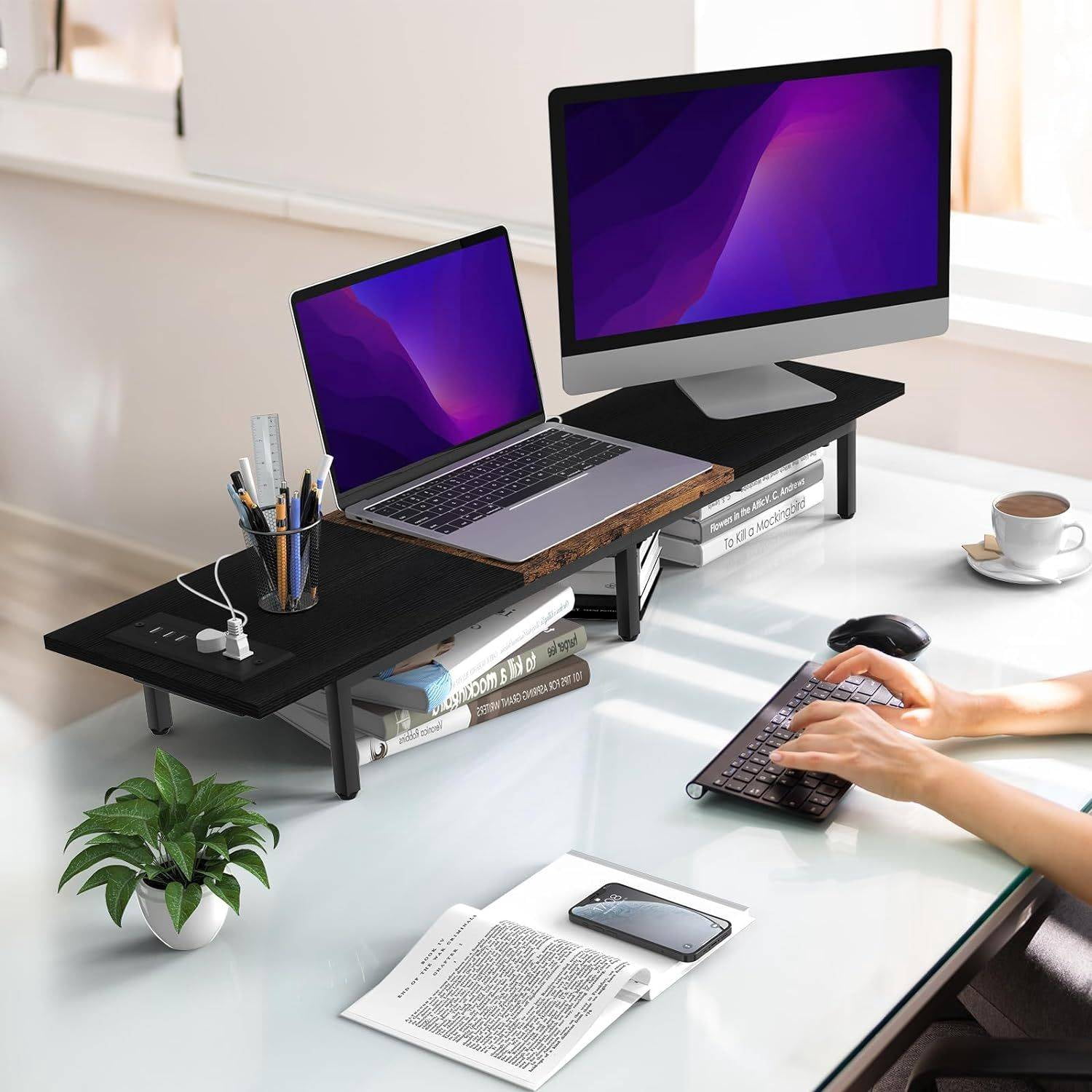 37.5" Extra Long Dual Monitor Stand Riser, Wood & Steel Desktop Organizer for 2 Monitors, TV/Laptop/Printer Holder with Integrated USB Ports, Black&Brown