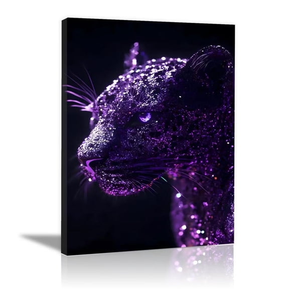 Mudket Purple Glitter Rhinestone Leopard Profile Canvas Wall Art, Luxury Glam Wildlife Trendy Wall Art Print for Living Room Bedroom Home Decor, Framed Ready to Hang - 12"L x 8"W