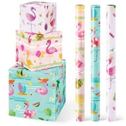 Wernnsai Flamingo Wrapping PriNst Paper - 3 Pink Flamingo Gift Wrap Rolls with Cut Lines, 17 in x 10 ft