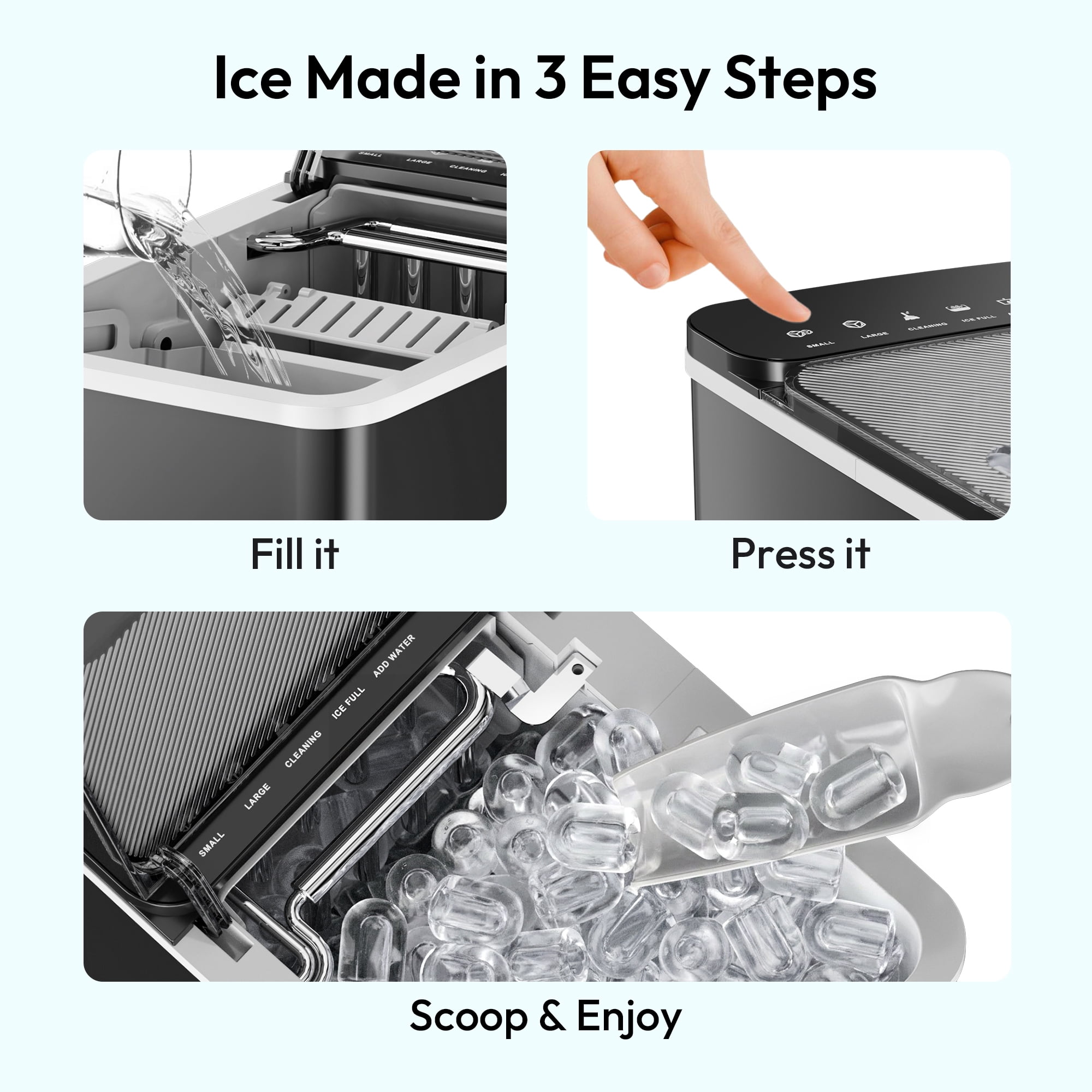 EUHOMY Countertop Ice Maker, Portable 2-Size Bullet Ice Machine with Self-Cleaning, 26.5 Lbs/24H, Black