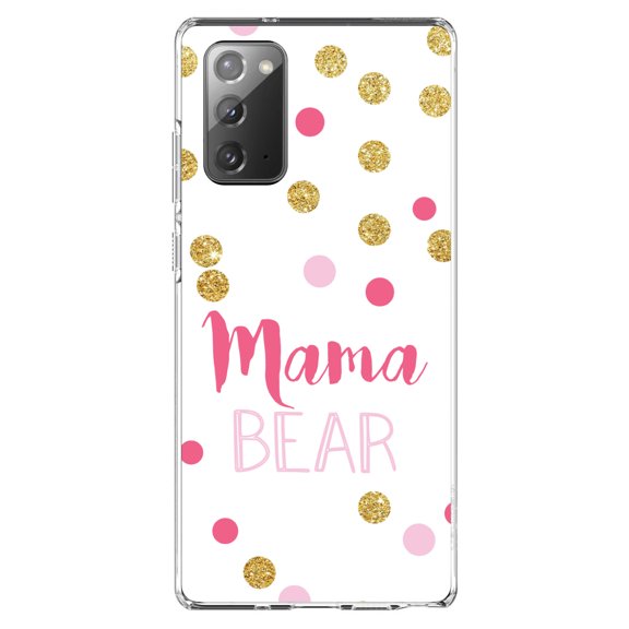 DistinctInk Clear Shockproof Hybrid Case for Samsung Galaxy Note 20 (6.7" Screen) - TPU Bumper, Acrylic Back, Tempered Glass Screen Protector - Pink White Gold "Mama Bear"