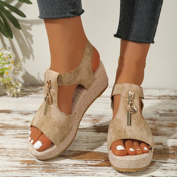 Bkhluea Women Wedge Sandals Open Toe Zipper Decor Shoes Comfortable For Casual Travel Daily Walking Outdoor Activities