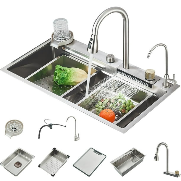 Fregadero De Cocina, Acero Inoxidable Fregadero De Cocina con Cascada, Moderno Tarjas Para Cocina, Sobreponer Fregadero De Barra y Accesorios para Cocina, Bar, Exterior(80 * 45cm)