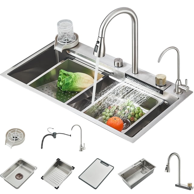 Fregadero De Cocina, Acero Inoxidable Fregadero De Cocina con Cascada, Moderno Tarjas Para Cocina, Sobreponer Fregadero De Barra y Accesorios para Cocina, Bar, Exterior(80 * 45cm)