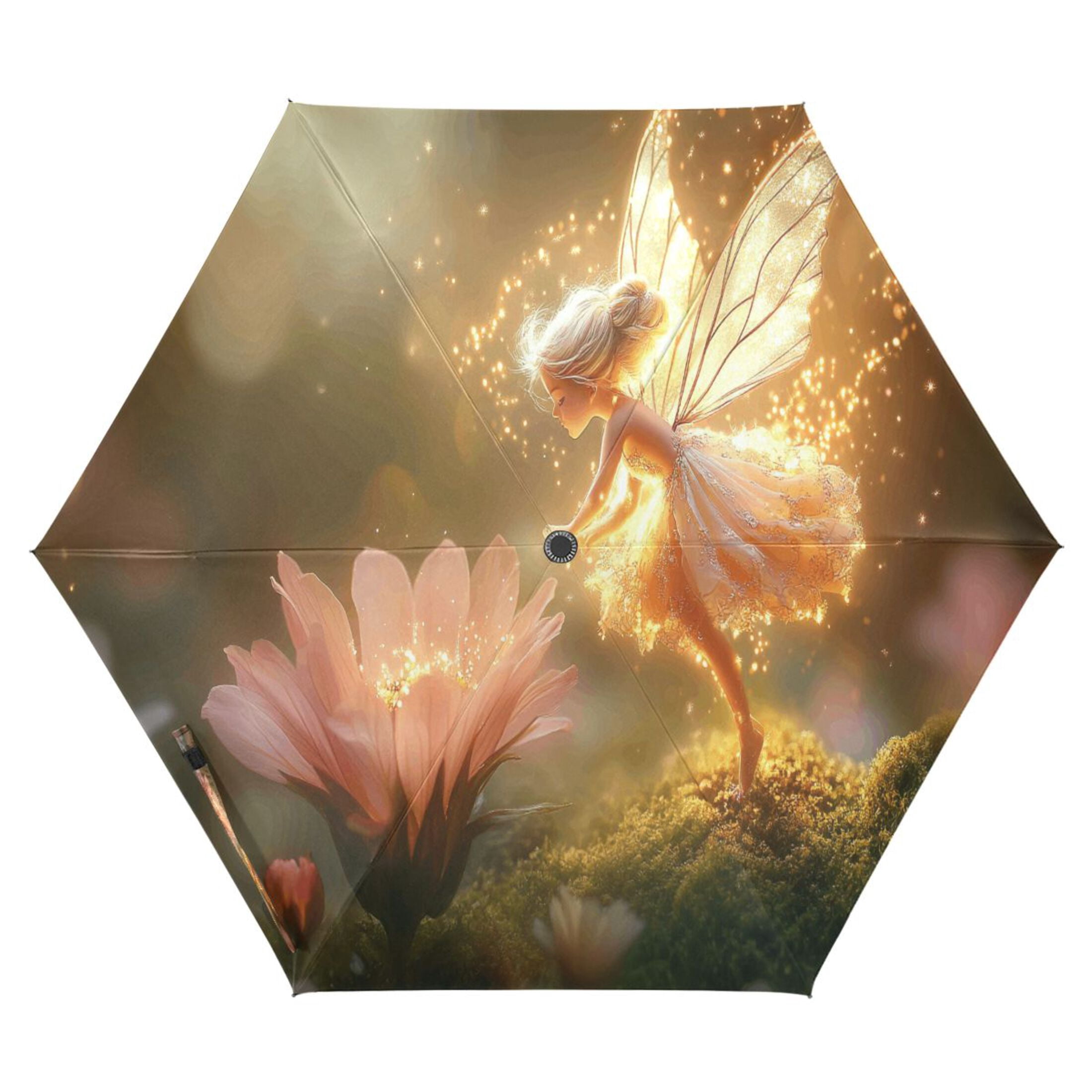 Fairy Flying over Flowers Compact Sun Umbrella Windproof Travel Umbrellas for Rain Strong Portable UV Protection
