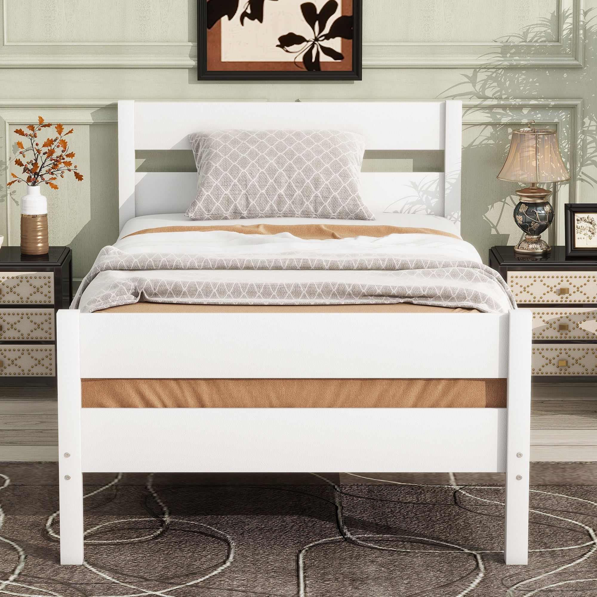 PORKISS Twin Size Bed Frame for Kids, Wood Bed Frame with Headboard/Footboard for Teens Boys Girls, No Box Spring Needed, White #2