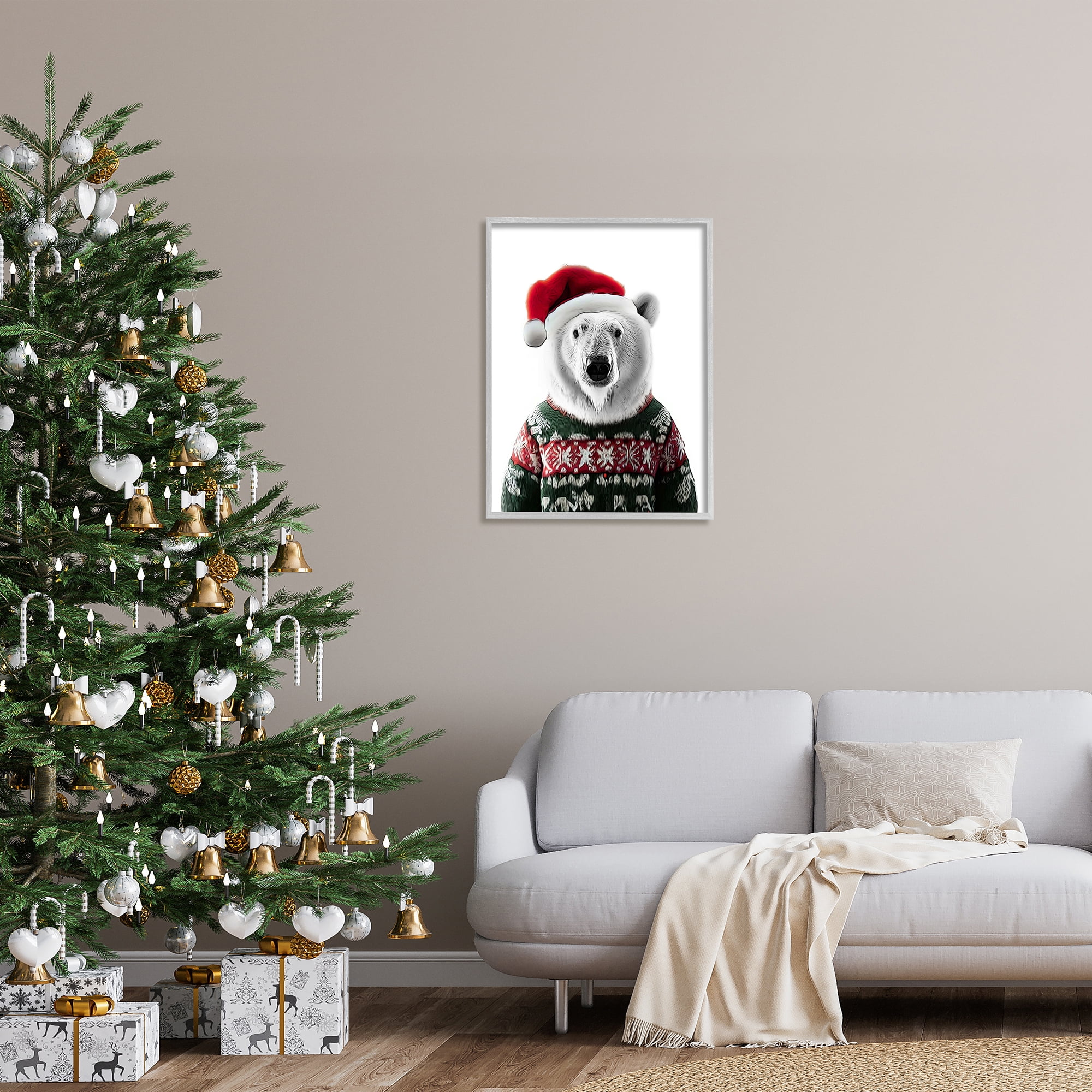 Stupell Industries Bear in Holiday Sweater Holiday Painting Gray Framed Art Print Wall Art, 24 x 30