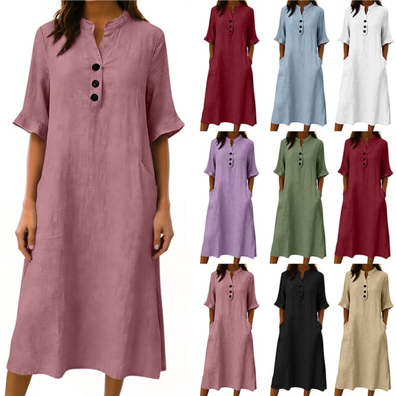Smsaxvxz Women 2026 Summer Maxi Dress Button V Neck Half Sleeve Pocketed Long Dress Casual Solid Loose Beach Vacation Sundress Pink L