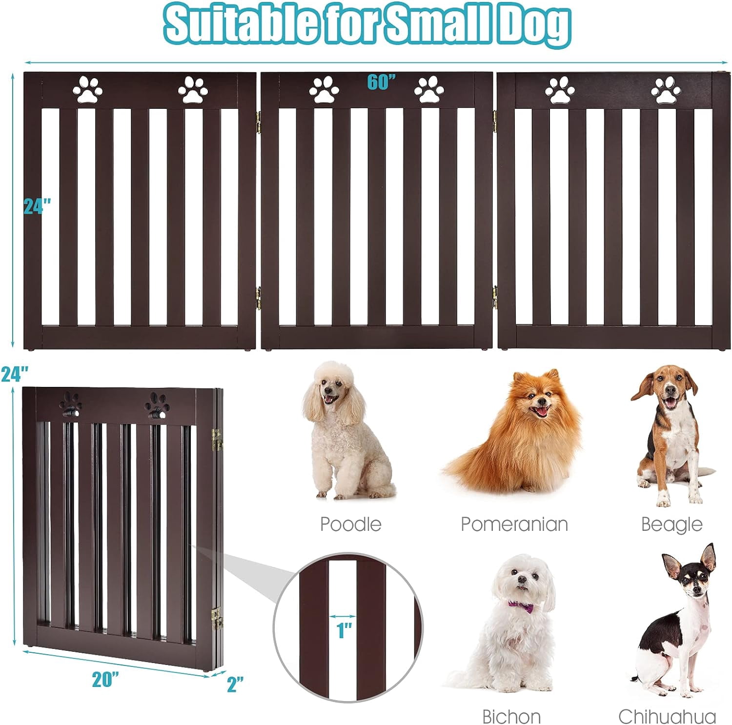 Freestanding Dog Gate, 3 Panel 60 in Wide 24 in Tall Pet Gates for Dogs, Dog Fences Indoor for House, Stairs, Doorways, Brown