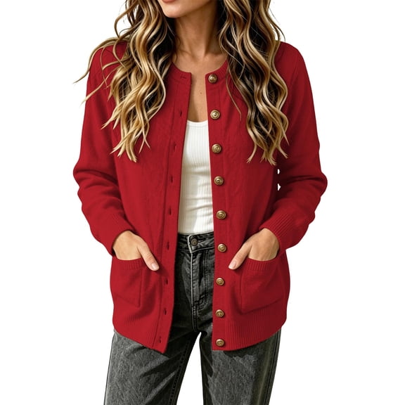 CHGBMOK Women Plus Size Round Neck Knit Cardigan Sweater Long Sleeve Button Down Casual Open Front Coat with Pockets Lightweight Fall Winter Outerwear