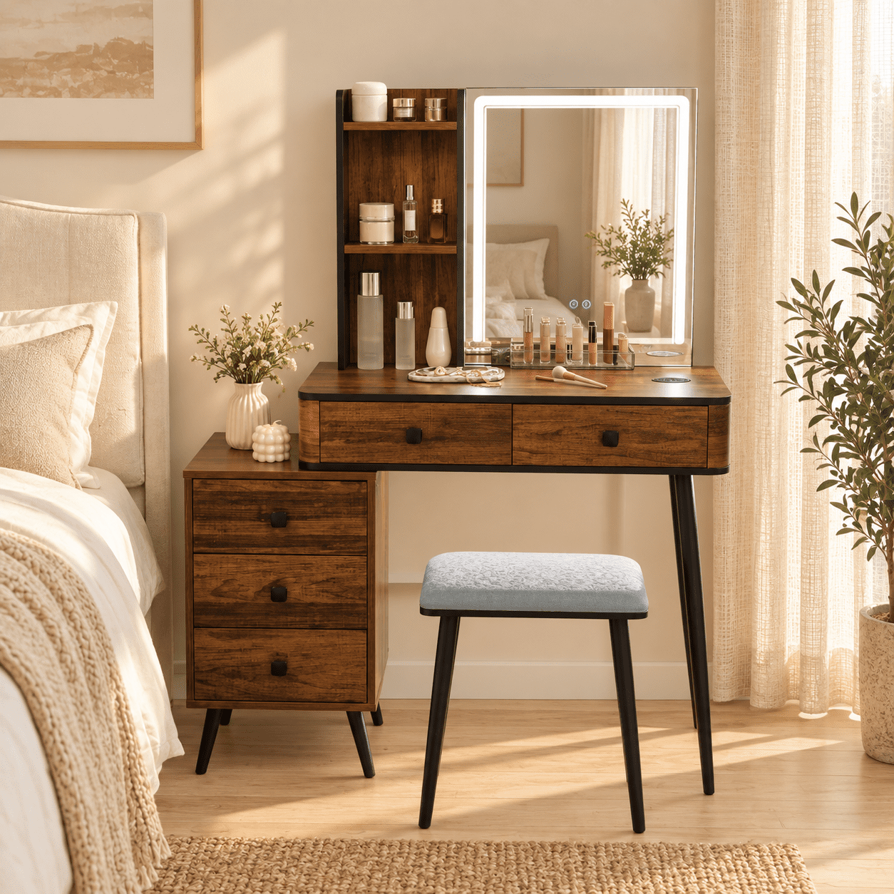 Furnibear Vanity Makeup Table Set with Lighted Mirror and Cushioned Stool, Vanity Desk with 3-Drawer Chest and Wireless Charging for Bedroom, Brown