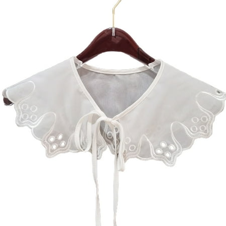 

Womens White Hollow Out Lace False Collar Embroidery Floral Lapel Necklace Shawl Detachable Bowknot Lolita Mini Poncho