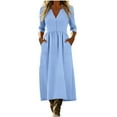thumbnail image 5 of Ygbgbb Women's 3/4 Sleeve Maxi Dresses 2026 Spring Fall Casual V Neck Dresses Cotton Linen Dresses Flowy Boho Modest Trendy Summer Vacation Dress Blue XXL, 5 of 9