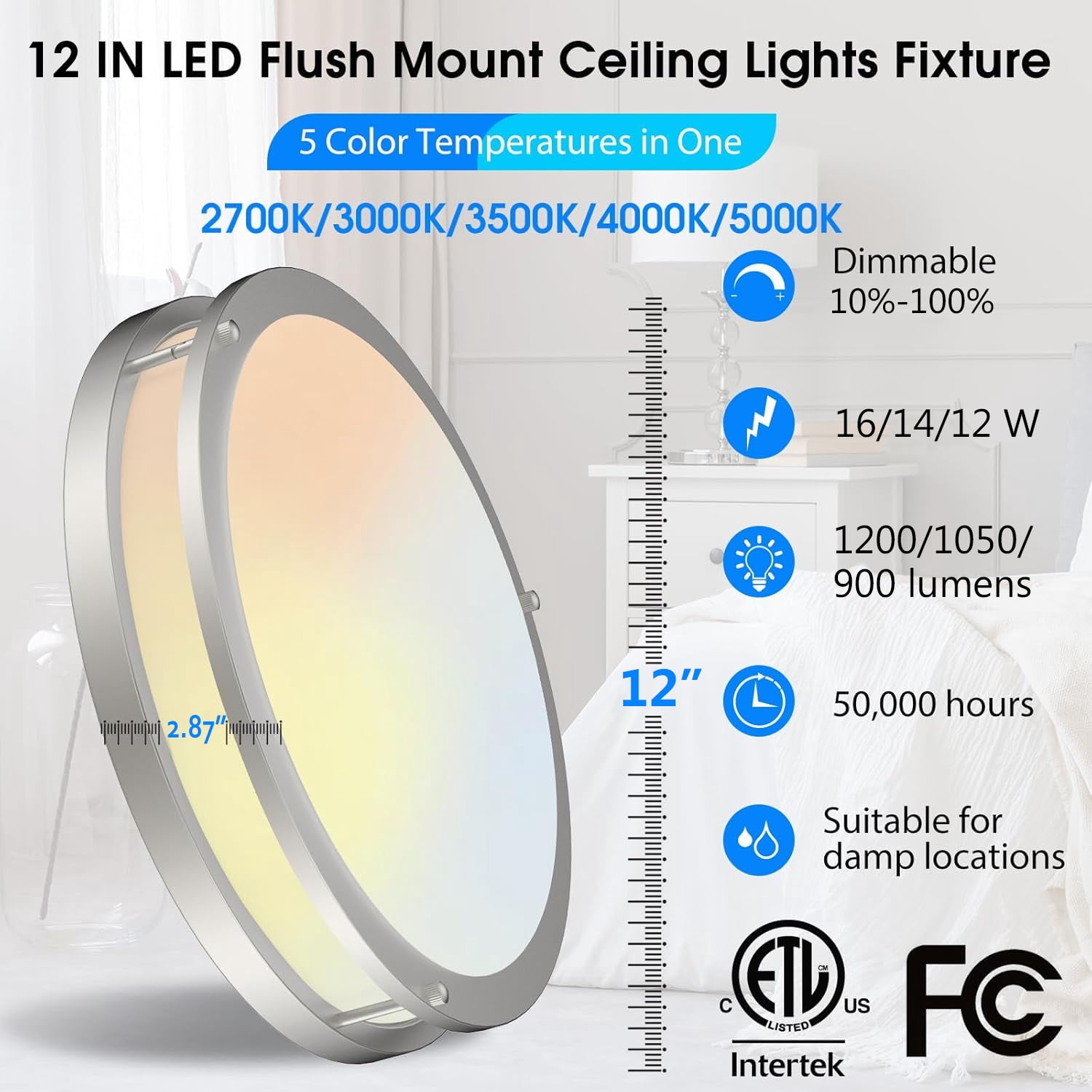 ENERGETIC 12" LED Ceiling Light, Dimmable Modern Flush Mount, Brushed Nickel, Selectable Color and Watts