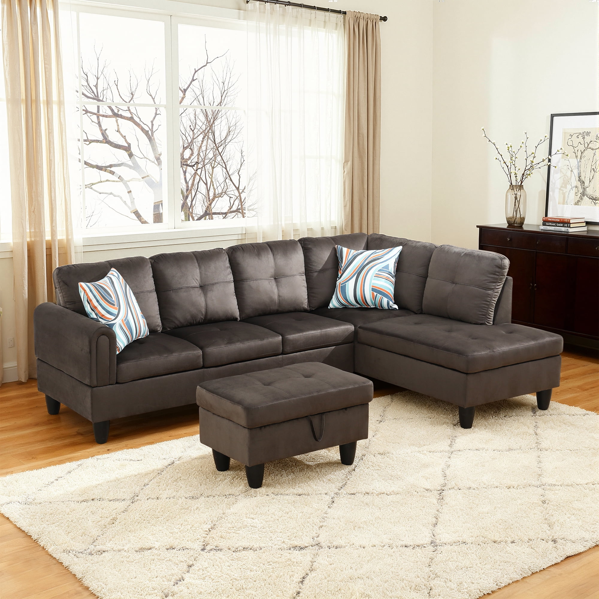 MAYEERTY 97" Flannel Sectional Sofa, 3-Piece Couch Living Room Sofa Set with Ottoman, Dark Brown (Right)