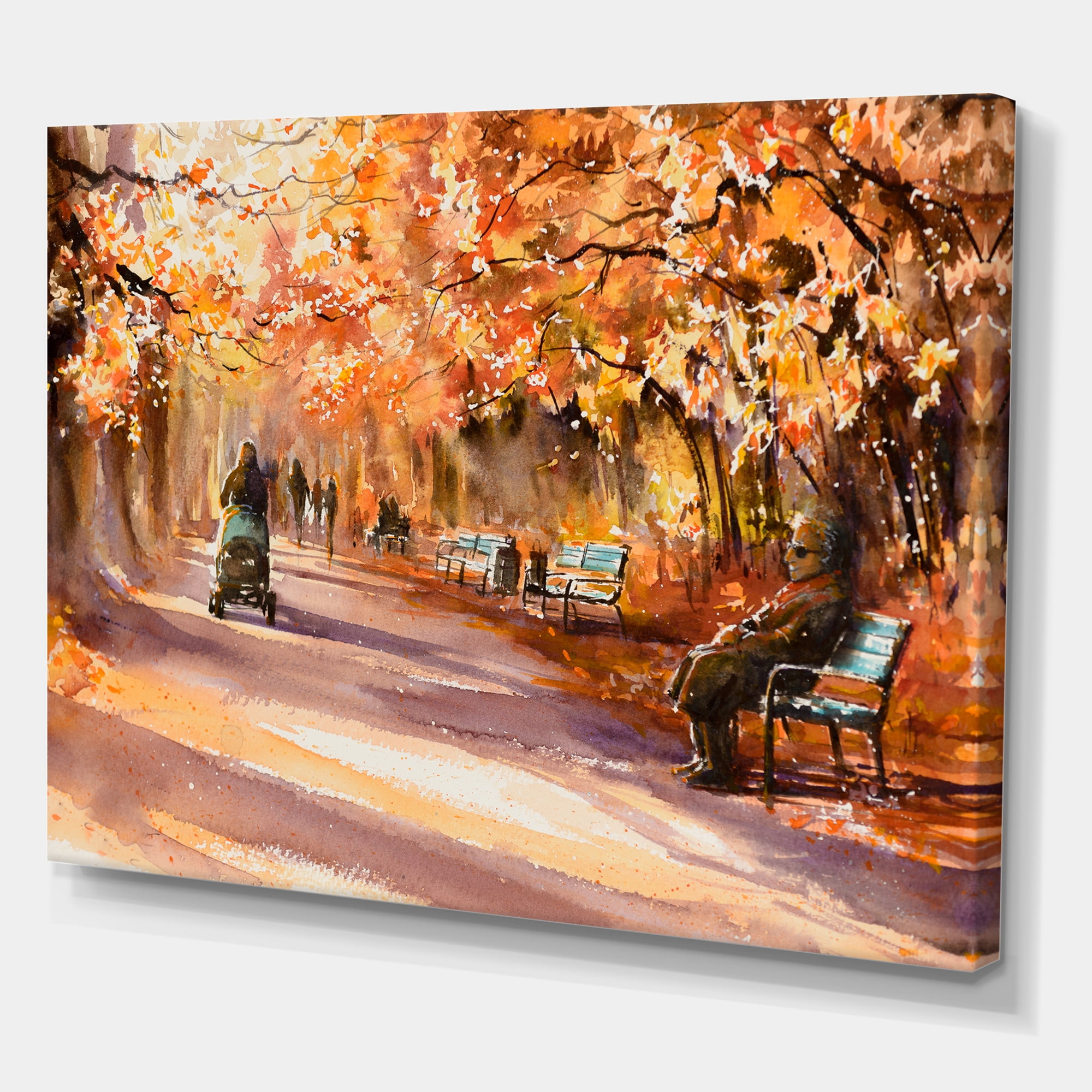Designart ' Path In The Park In Sunny Autumn Day ' Country Canvas Wall Art Print