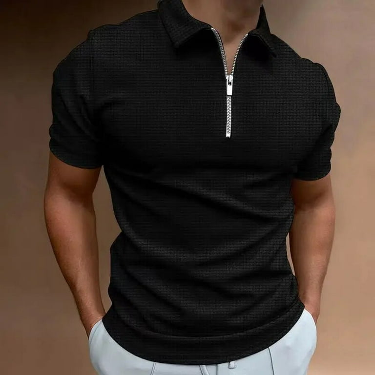 【DISCERNMENT】Loading waffle polo T-shirt Summer New Men's Zipper Waffle Polo Shirt Short Sleeve