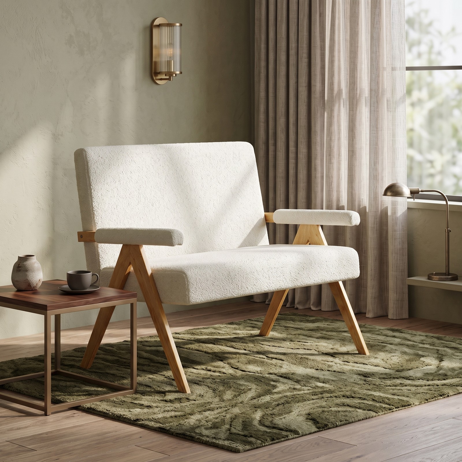 Furnibear Modern Loveseat Sofa, Small Space Upholstered 2-Seat Couch with Padded Armrests, Sherpa Fabric Loveseat with Solid Rubber Wood Legs for Living Room, Beige