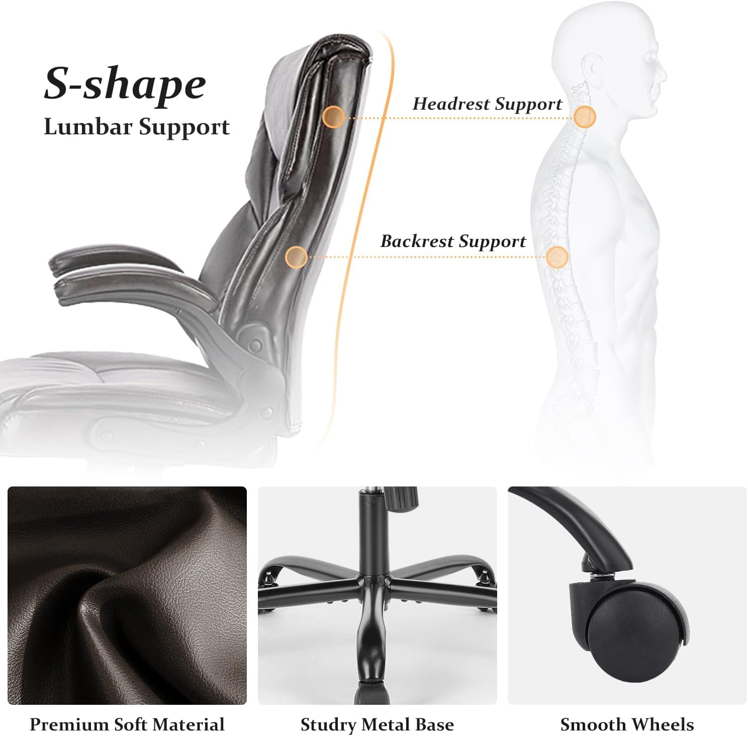 Ergonomic Office Chair, High Back Executive Desk Chair with Lumbar Support, Adjustable PU Leather Computer Chair with Flip-up Arms, Swivel Rolling Wheels Chair for Home and Office Use