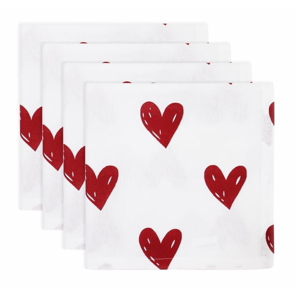 PurpleEssences Printed Cloth Napkins Set of 4, 18x18 inches, Dinner Table Decorative - Valentine's Day - White with Red Heart