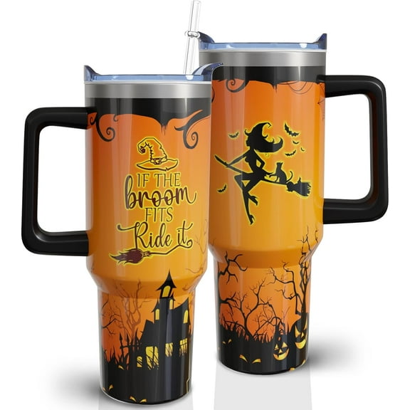 Halloween Tumbler 40 oz Witch Tumblers with Handle and Straw Orange Witchy Stainless Steel Insulated Coffee Cups Mugs Halloweens Gifts Stuff for Women man