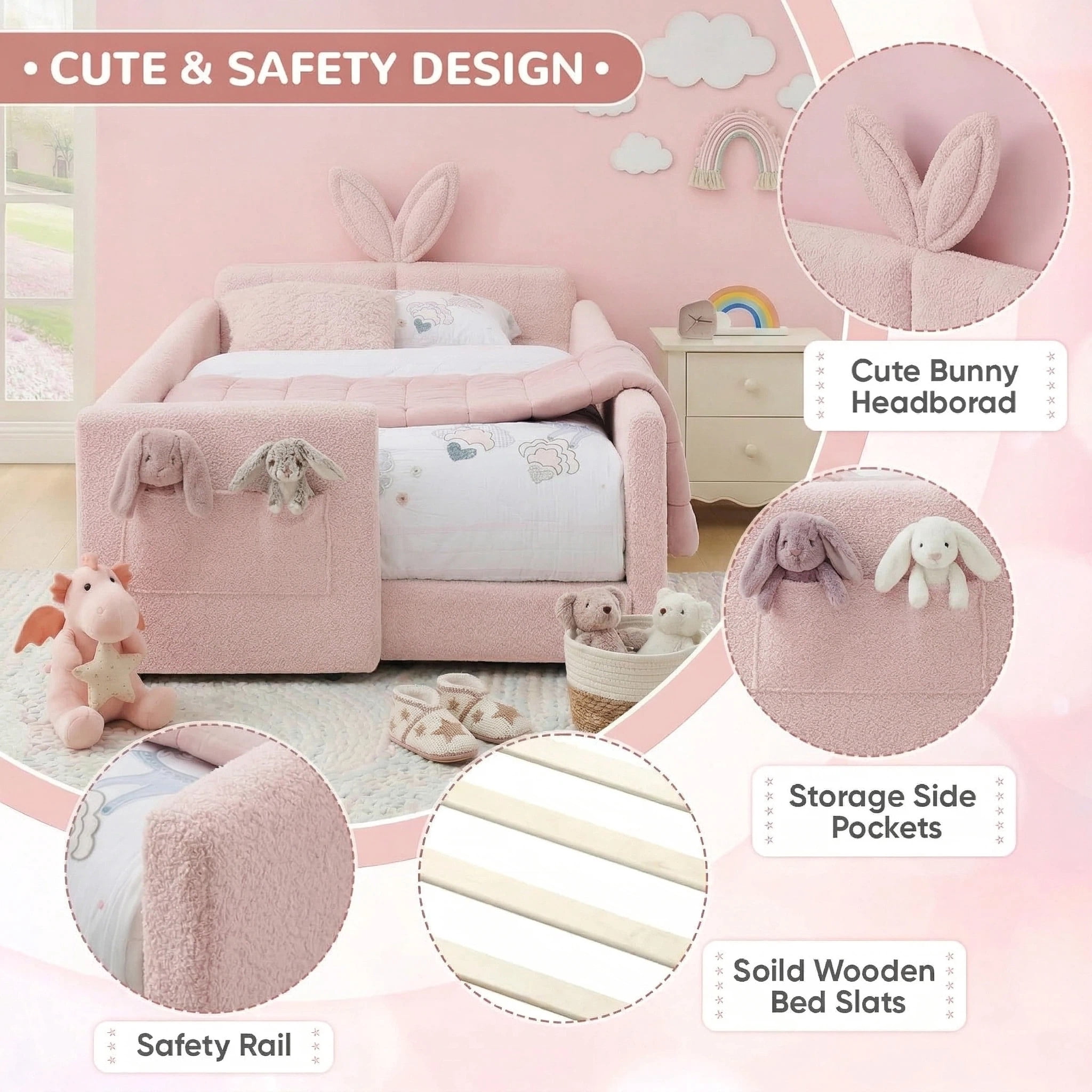 AISWORD Twin Size Kids Bed, Rabbit Ear Headboard, Upholstered Daybed with Slat Support & Side Pockets, Space-Saving Wooden Corner Sofa Bed, Pink
