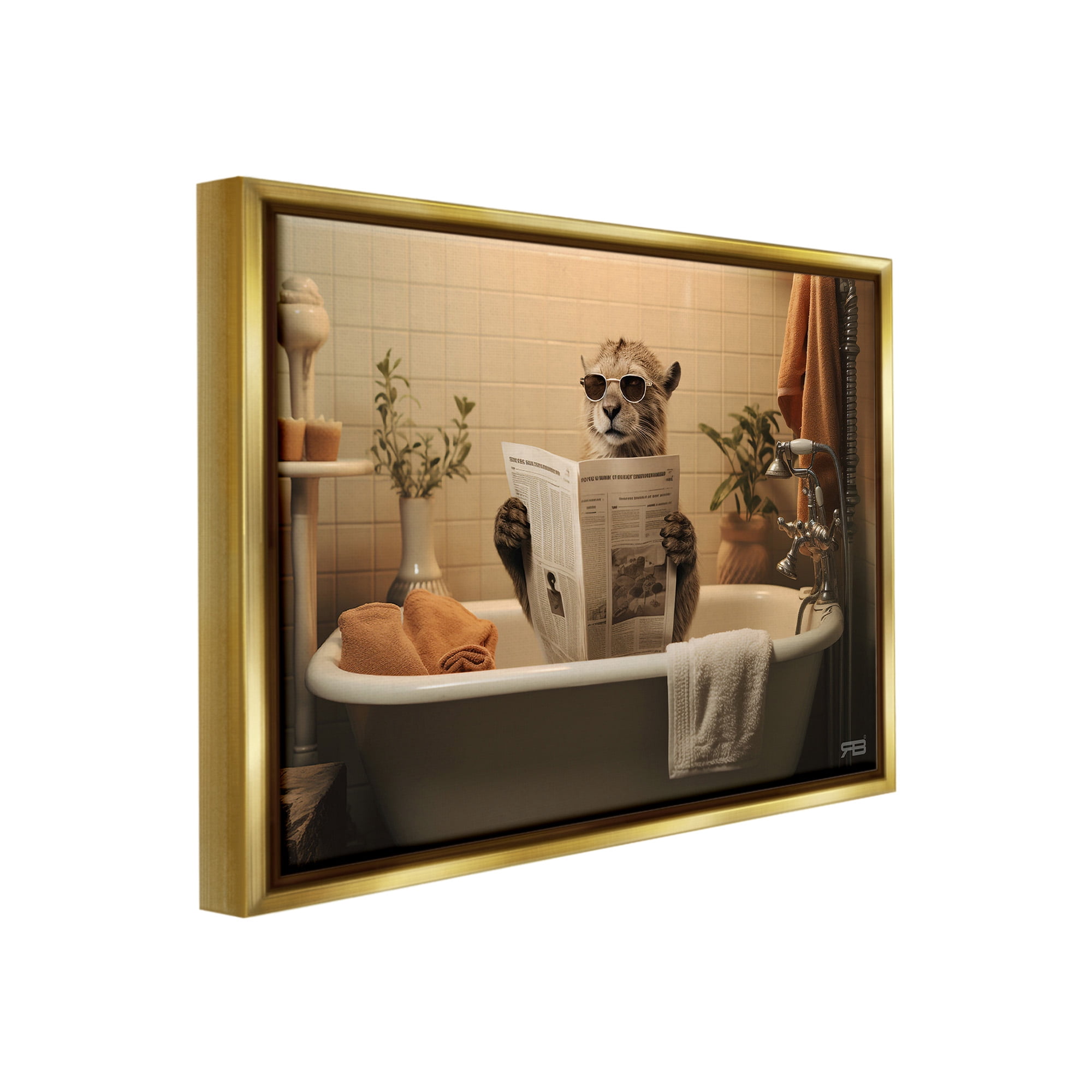 Stupell Industries Wild Cat in Bathtub Animals & Insects Painting Gold Floater Framed Canvas Art Print Wall Art, 31 x 25