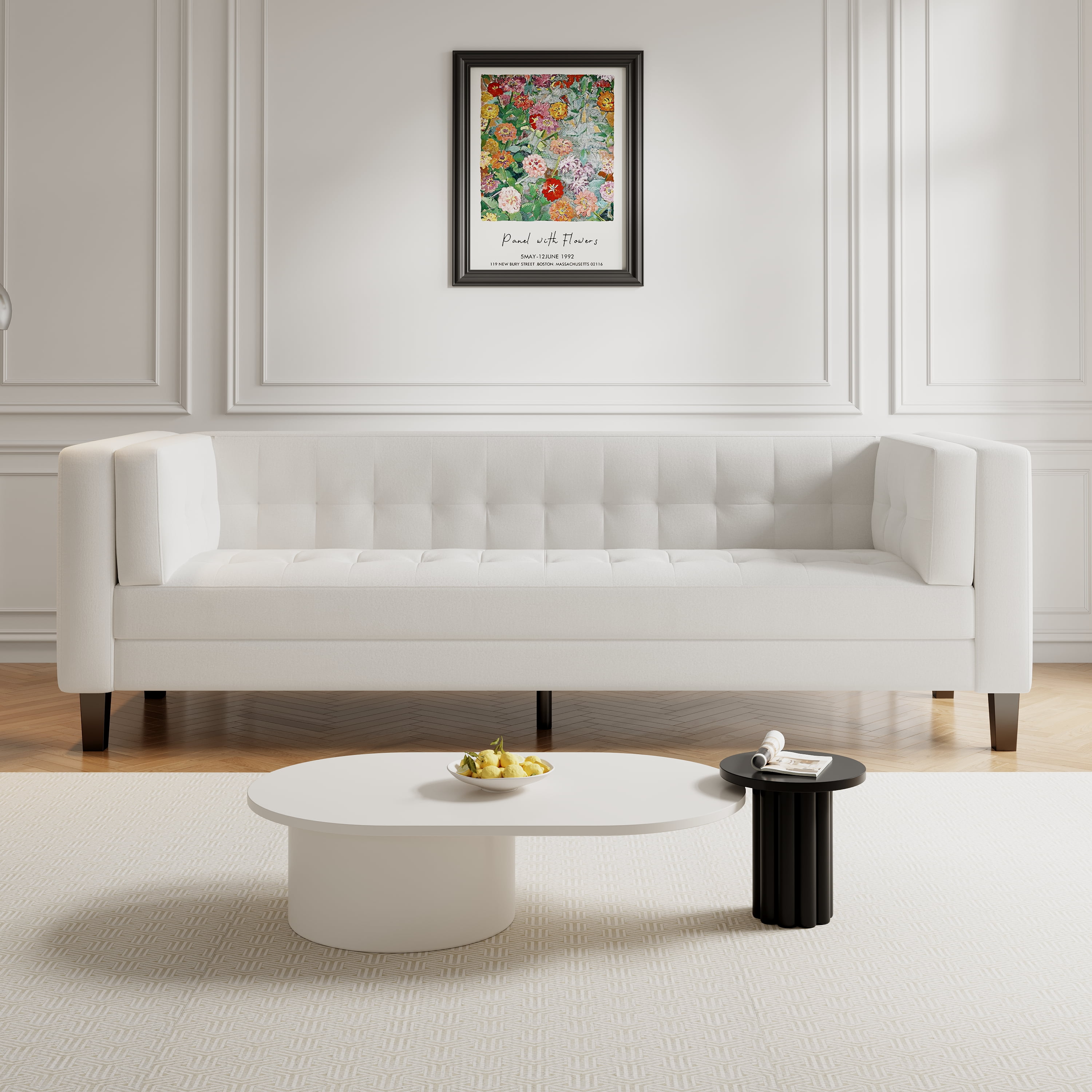 Miniyam 90 in Classic 3-Seater Sofa Modern Solid Print Velvet Tufted Coach, Ivory White