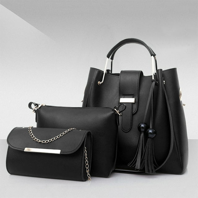Juego de bolso de hombro de mujer con carteras de 3 piezas - Tote de flecos y bandolera - Cuero PU - Rosa, negro, marrón, beige, rojo