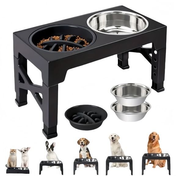 5-position adjustable pet bowl stand, featuring two stainless steel bowls and one slow-feeding bowl, with non-slip pads on the base. Suitable for medium and large dogs and pets